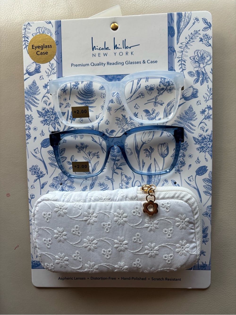 Nicole Miller Reading Glasses Duo with Case +2.00 Blue, Opalescent White.